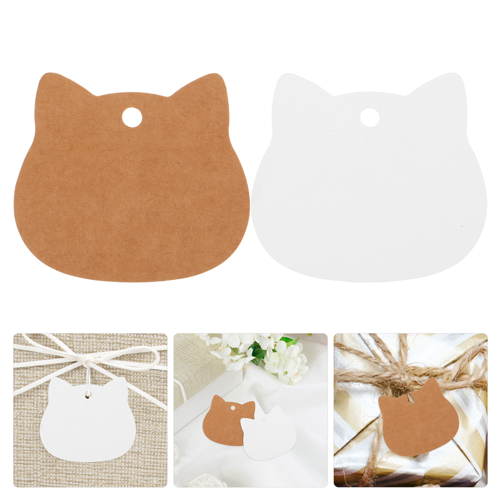Kraft Hang Tag - 200 個猫型クラフト紙タグ空白書き込み可能 DIY ハングタグプレパンチ穴結婚式の記念品ホリデーギフトラッピングパーティー装飾