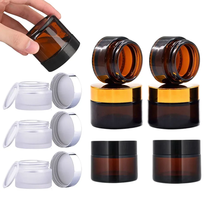 Candle Supplies Glass Jars - 5個入り 5g-100g アンバー色の空のガラス瓶 内部ライナーと蓋付き リップバーム、ローション、クリーム、パウダー、キャンドル用のメイクアップバイアル
