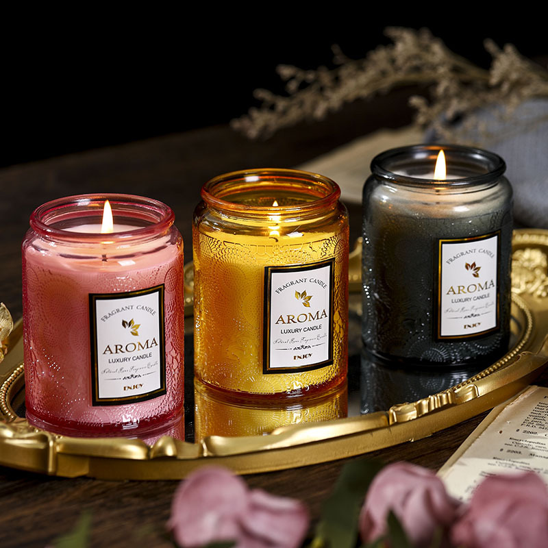 1PC 香り付きキャンドル クリエイティブエンボス加工ガラス - Candle Supplies Glass Jars のレビューと価格